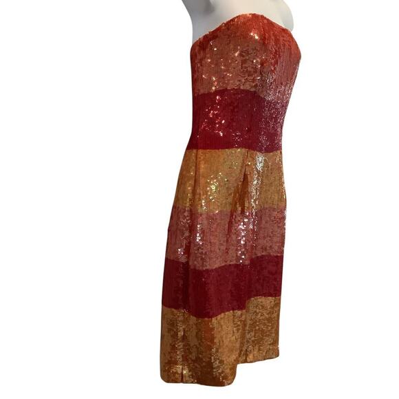 VICTOR COSTA VINTAGE ORANGE, YELLOW AND RED SEQUIN STRAPLESS DRESS 10 - Picture 4 of 10